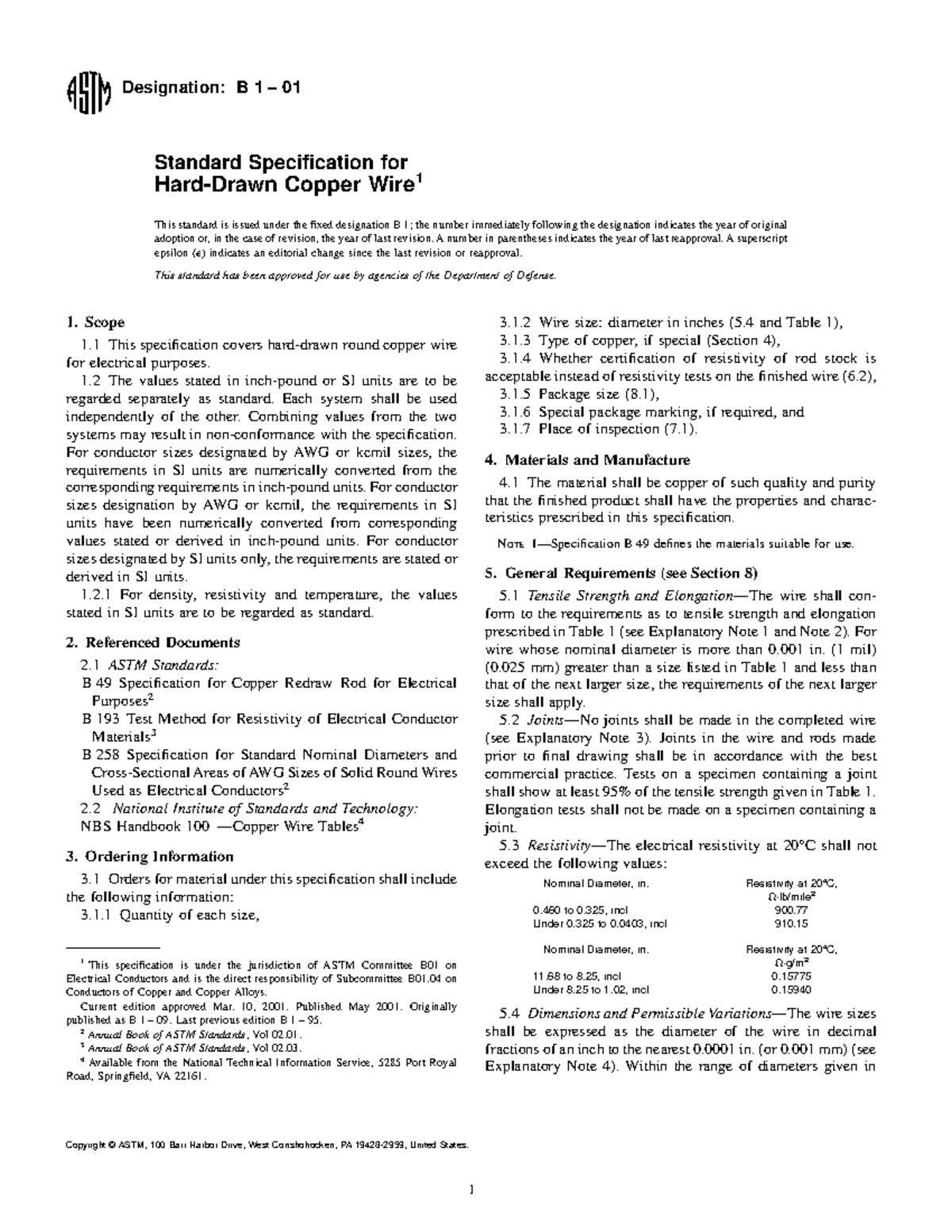 B 1 01 Standard Specification for Electrical Copper Wire - Studocu