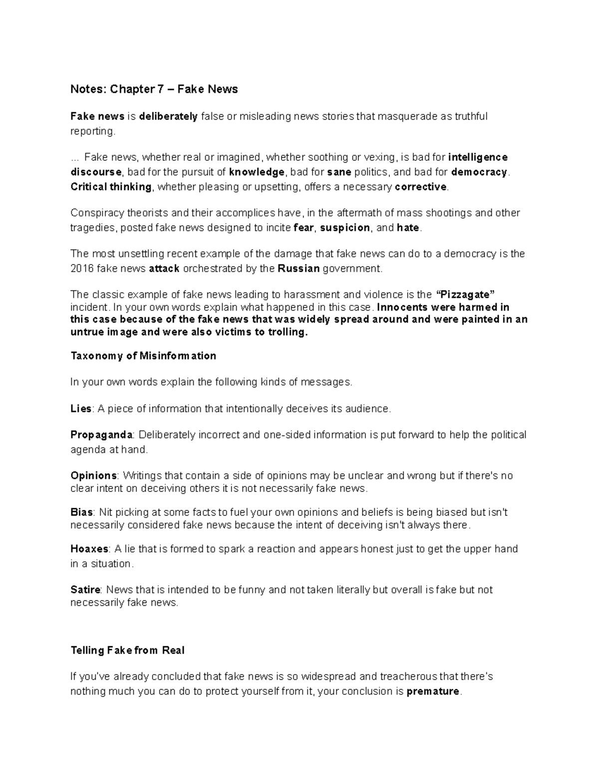 Notes on Chapter 7: Understanding Fake News and Misinformation - Studocu