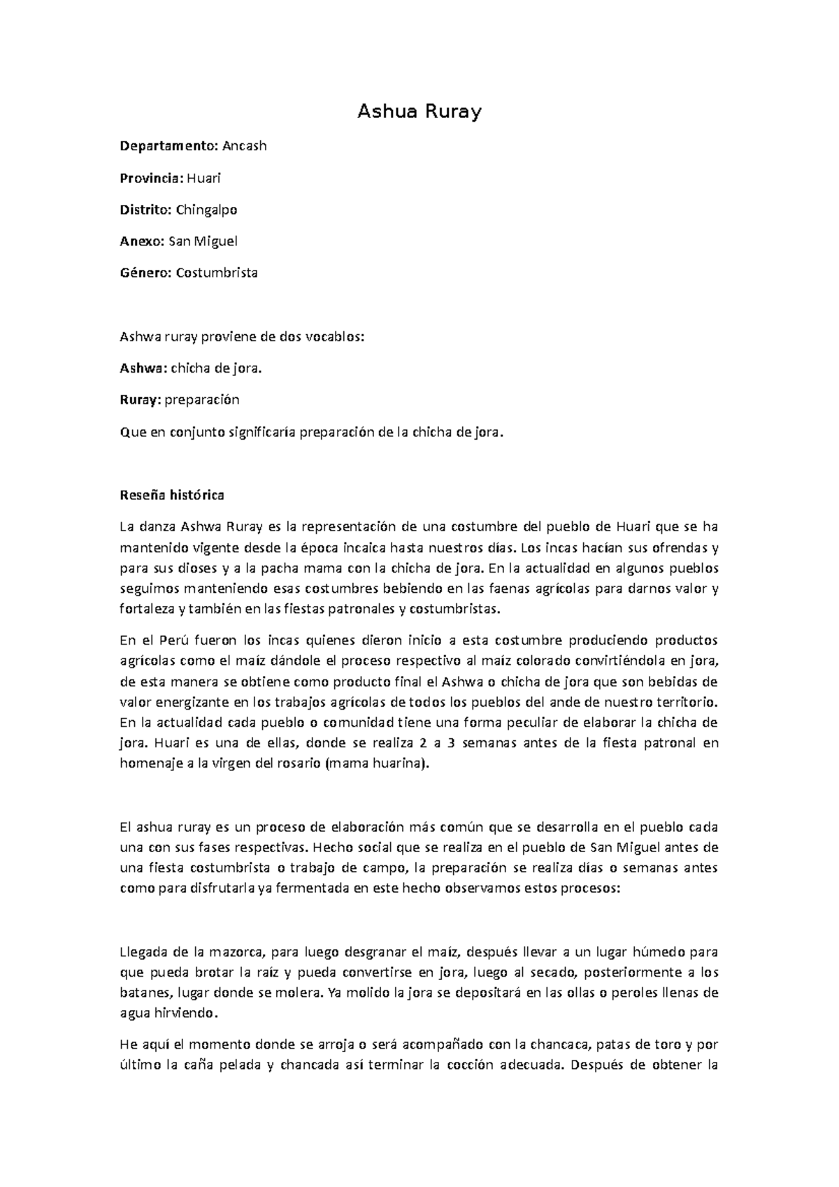 Danza Ashua Ruray: Preparación de Chicha de Jora en Huari - Document Preview