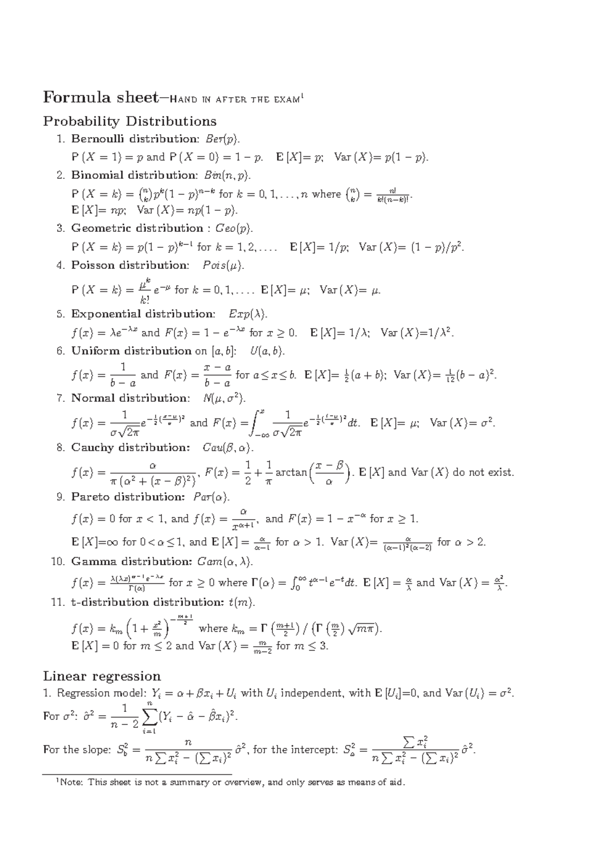 Probability Distributions Formulasheet - Exam 1 Notes - Studeersnel