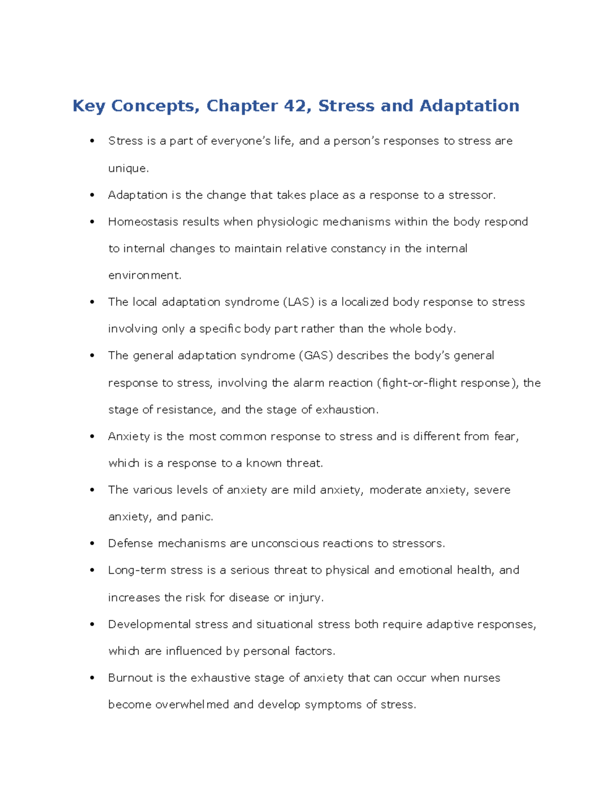 Nursing Fundamentals: Chapter 42 - Stress and Adaptation Concepts - Studocu