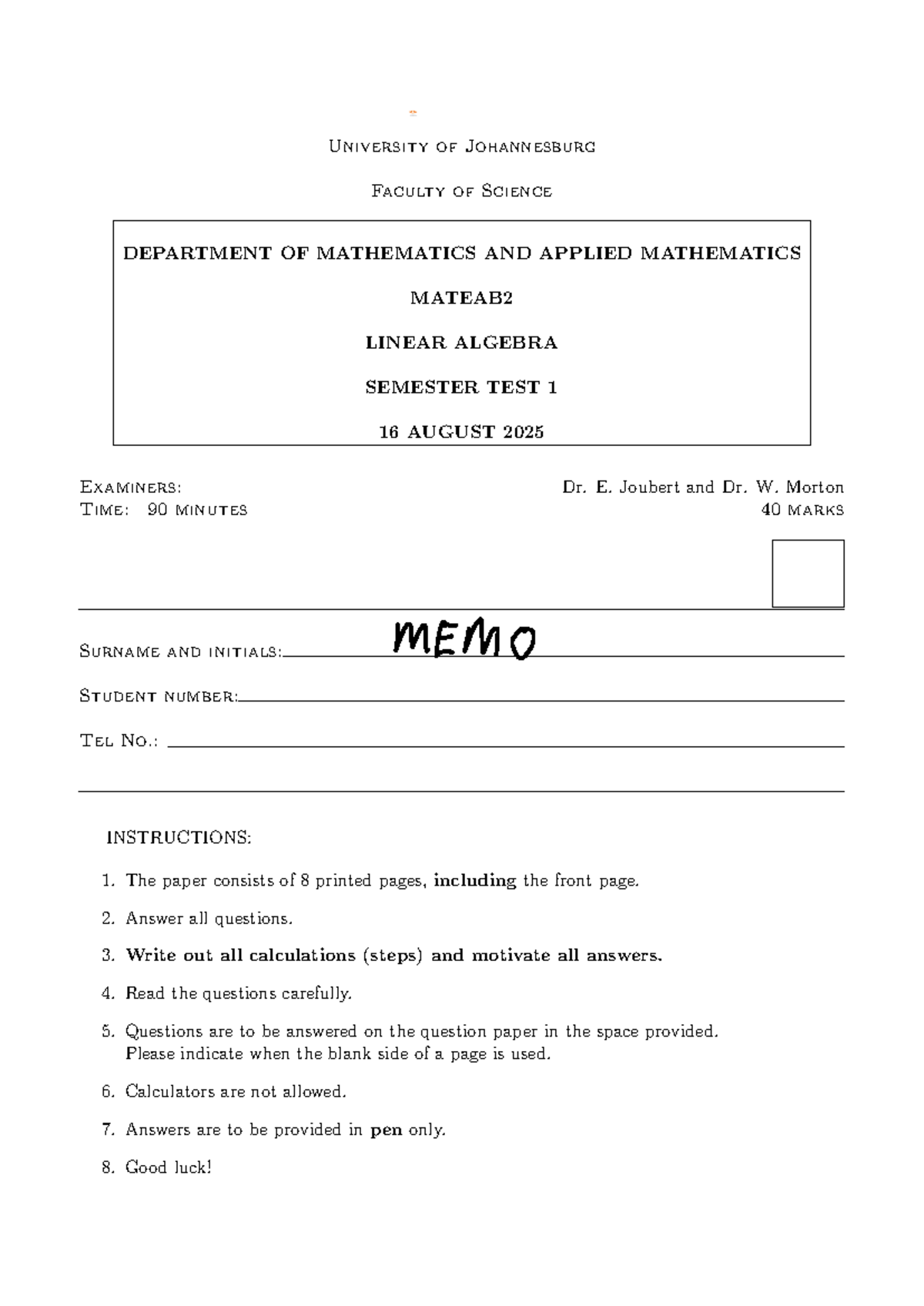 MATEAB2 Linear Algebra Semester Test 1 Memo - 16 Aug 2025 - Studocu