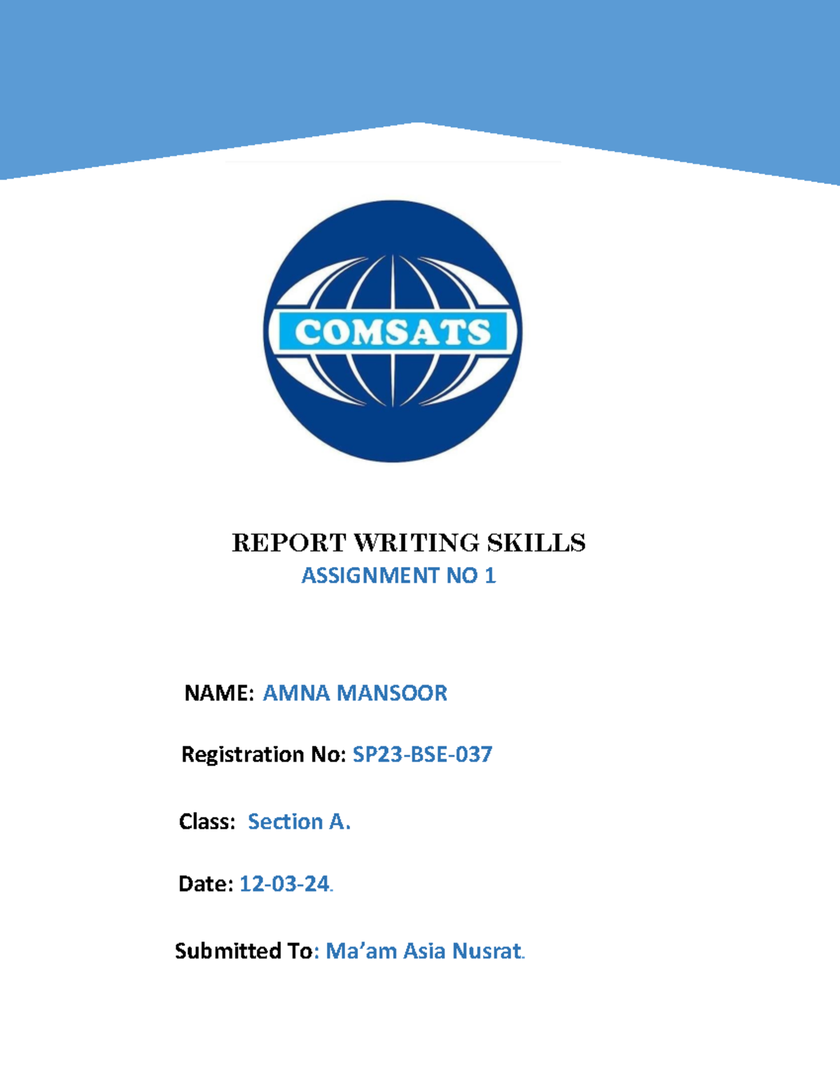 SP23-BSE-037A - Assignment 1: Report Writing Skills Analysis - Studocu