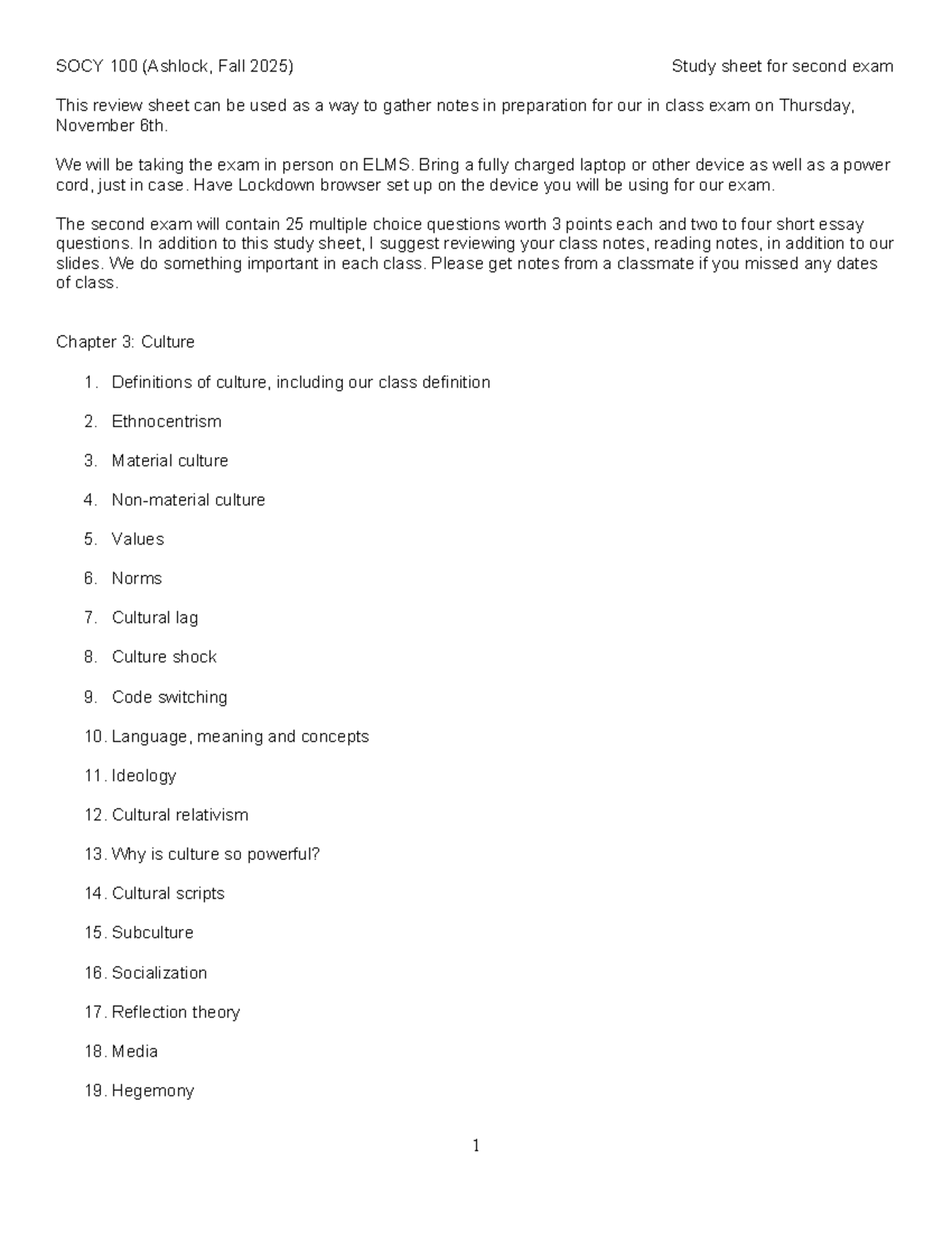 SOCY 100 Study Sheet for Second Exam (Fall 2025) - Studocu