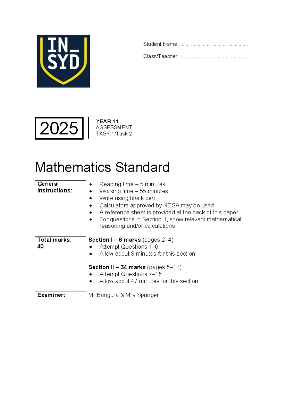 Year 11 Mathematics Standard Assessment Task 2: Measurement & Equations ...