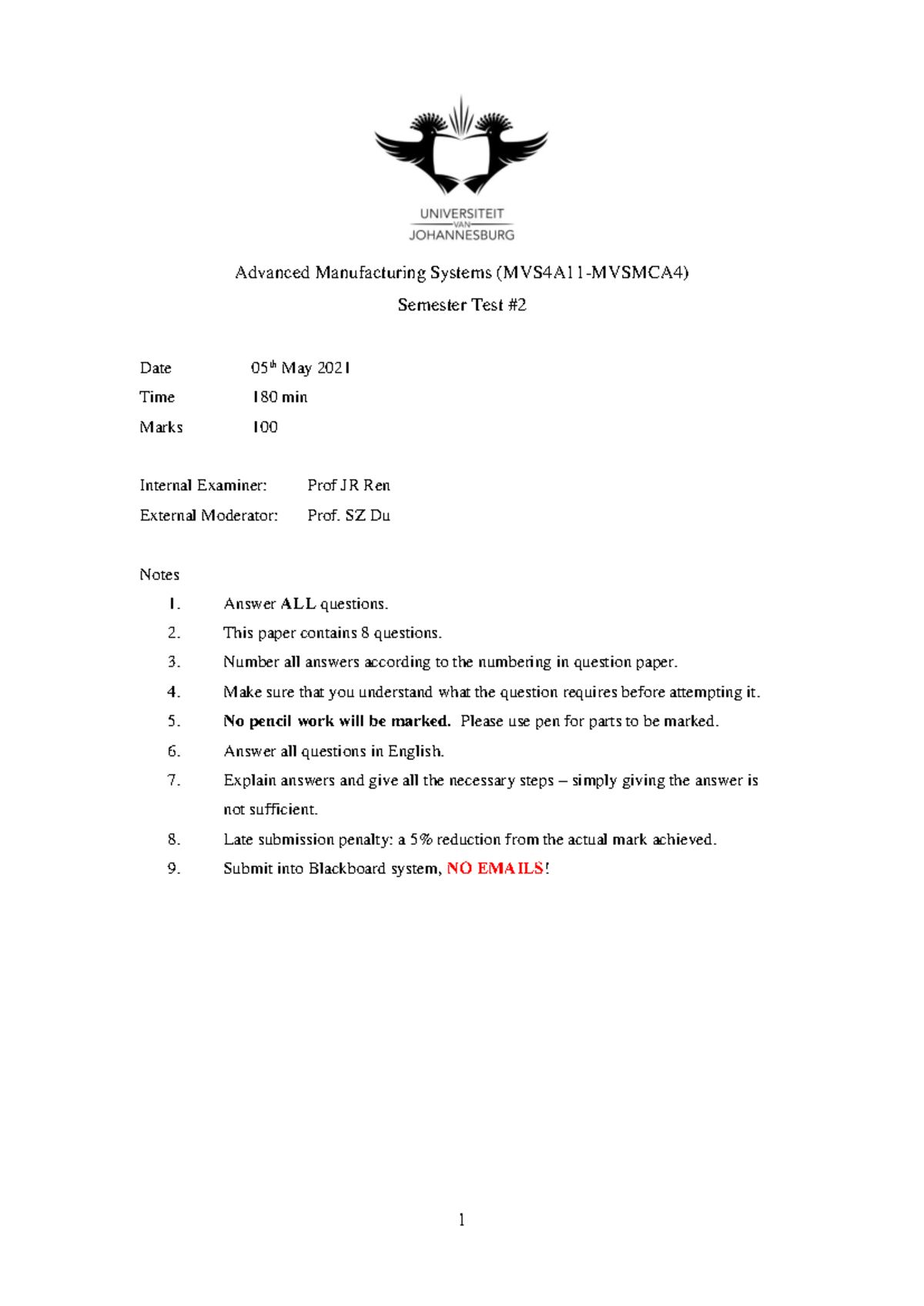 Advanced Manufacturing Systems MVS4A11 Semester Test #2 05 May 2021 ...