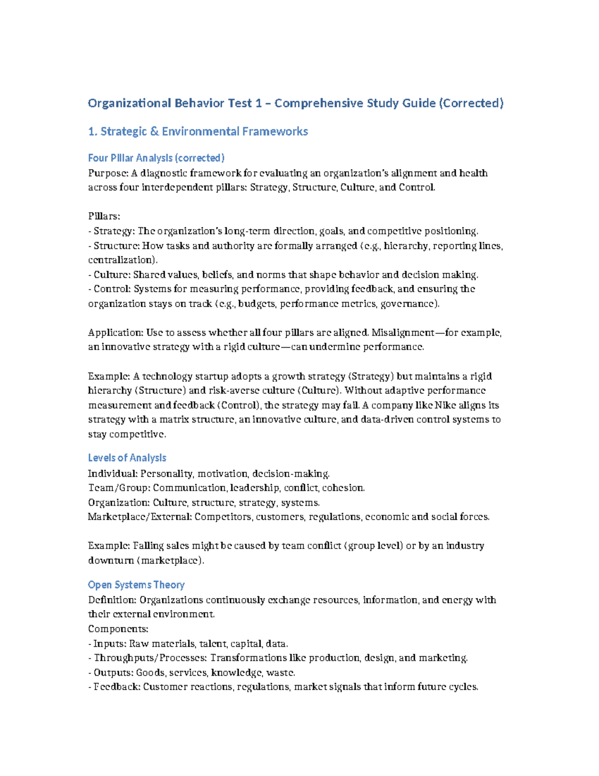 Organizational Behavior Test 1 - In-Depth Study Guide (Corrected) - Studocu