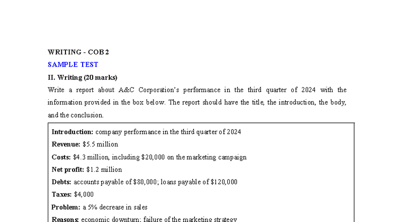 Writing - COB 2- KEY - dbdbd - WRITING - COB 2 SAMPLE TEST II. Writing ...