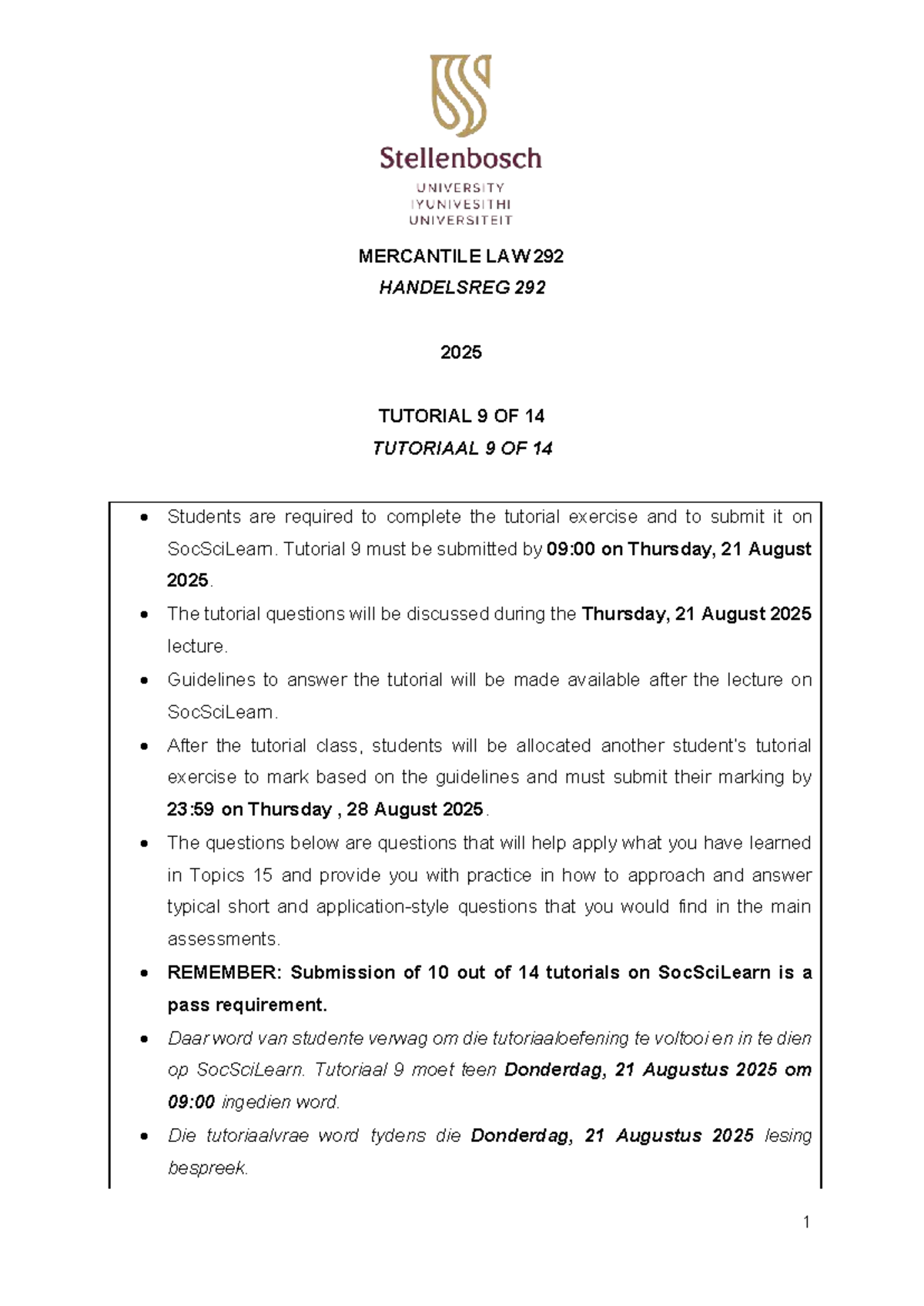 MERCANTILE LAW 292 TUTORIAL 9 SUBMISSION GUIDELINES 2025 - Studocu