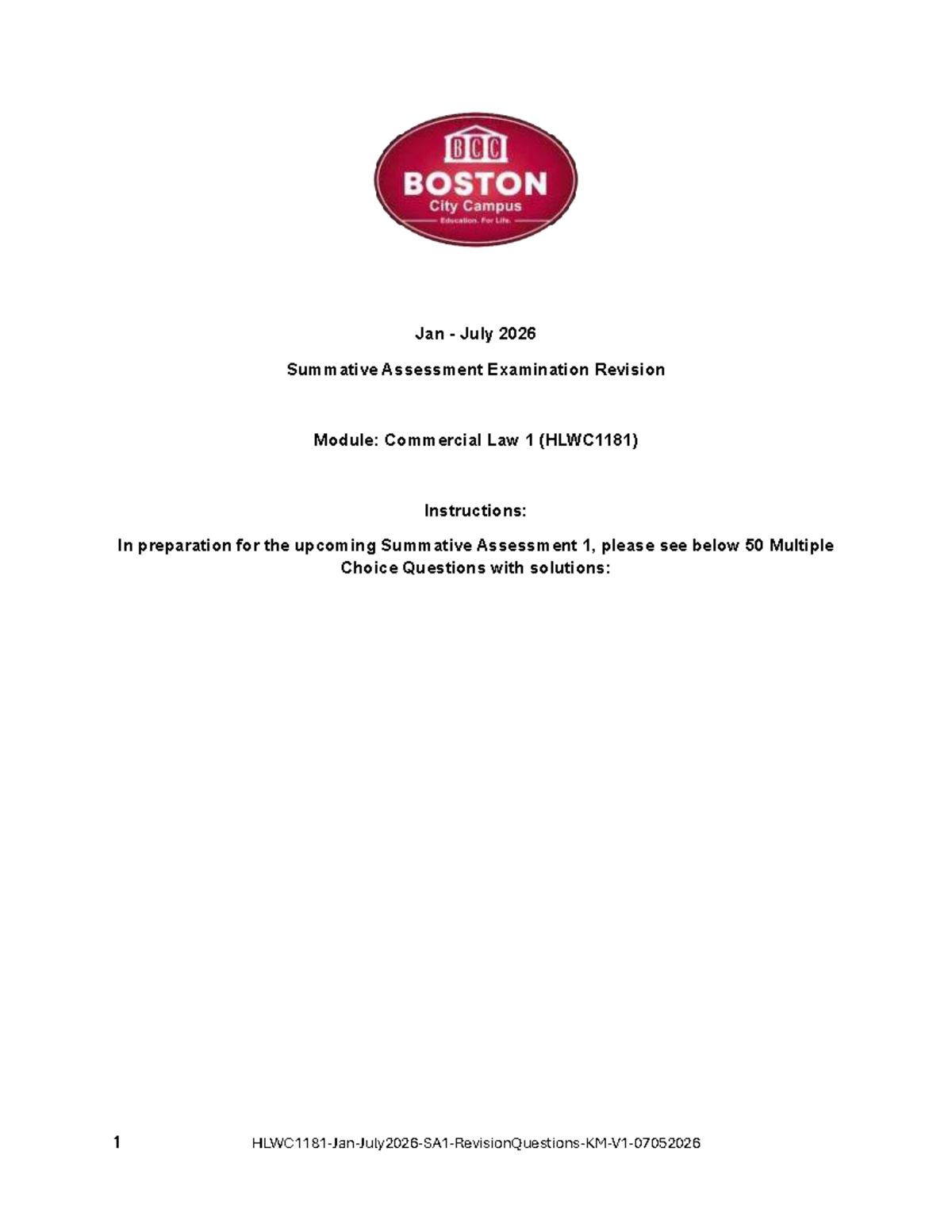 HLWC1181 Summative Assessment Revision: Commercial Law 1 MCQs - Studocu