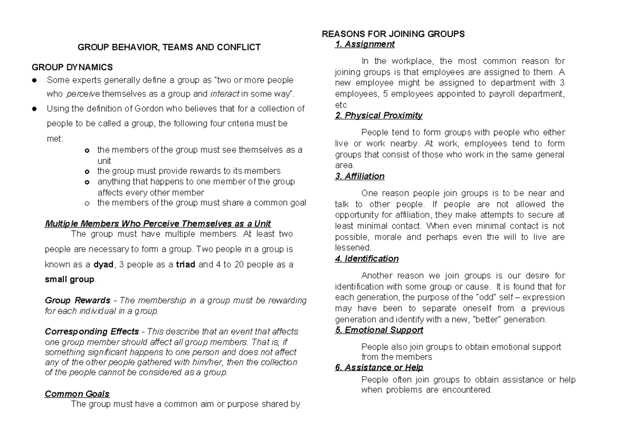 GROUP BEHAVIOR IN ORGANIZATIONS: TEAMS AND CONFLICT DYNAMICS - Studocu
