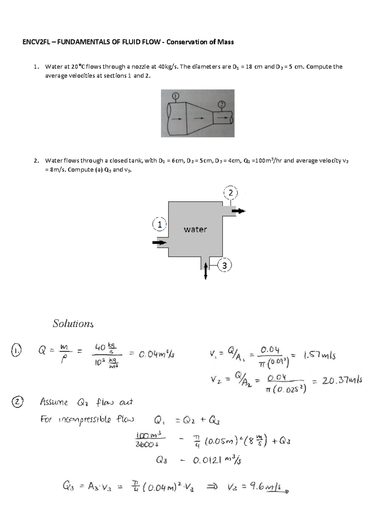 Tutorial questions on Fluid Flow conservation of mass 5 - ENCV2FL ...