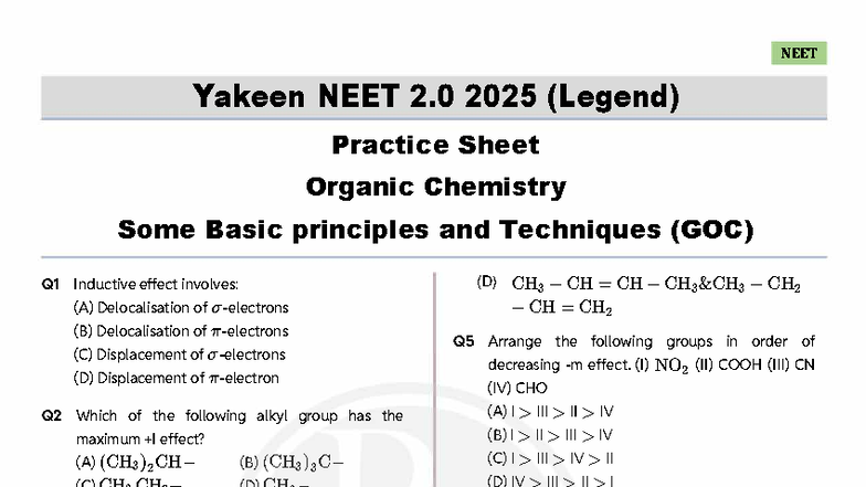 NEET 2.0 2025 (Legend) Organic Chemistry GOC Practice Sheet - Studocu
