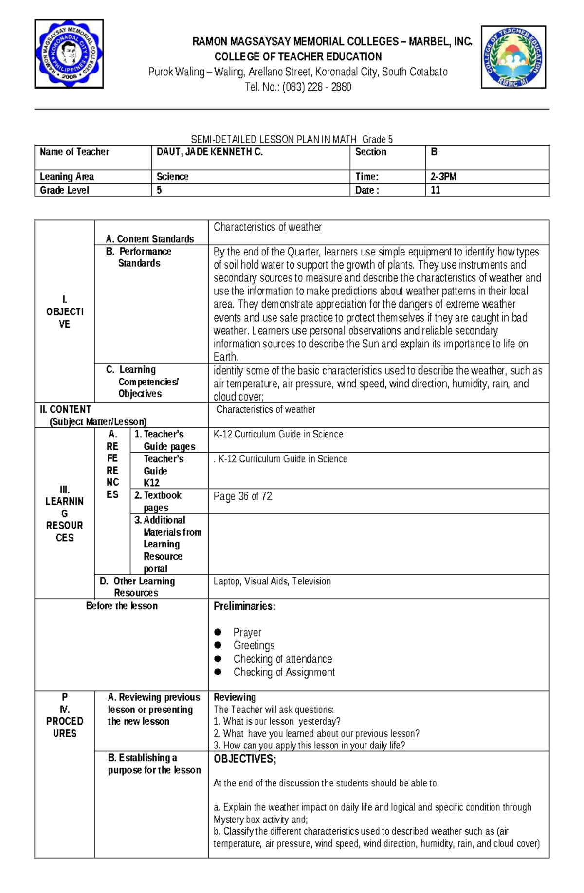Lesson Plan in Science 5: Understanding Weather Characteristics - Studocu