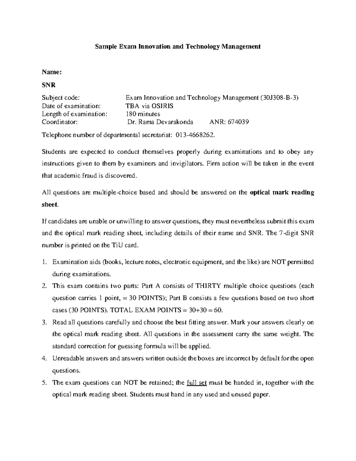 ITM 101 Sample Exam: Innovation and Technology Management Guide ...