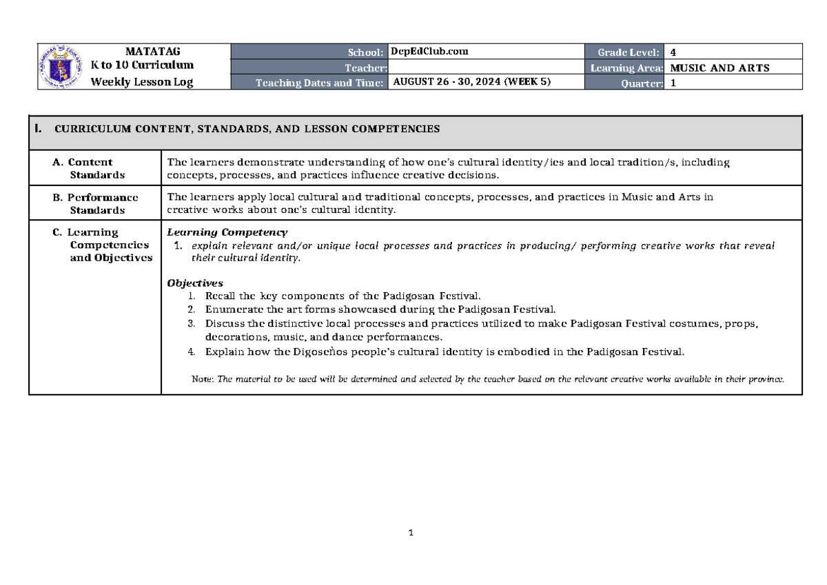 DLL Matatag Music & Arts 4 Q1 W4-5: Lesson Log on Cultural Identity ...