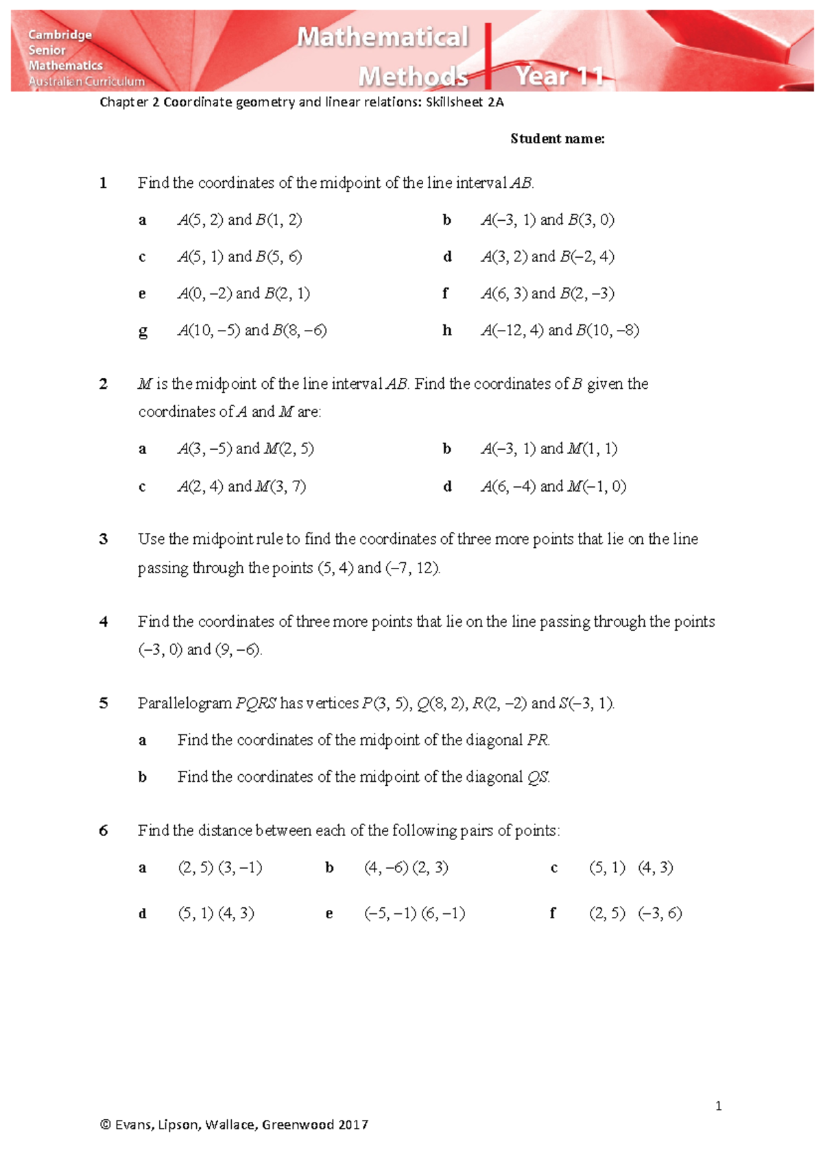 Chapter 2 Coordinate Geometry Skillsheet 2A - Studocu