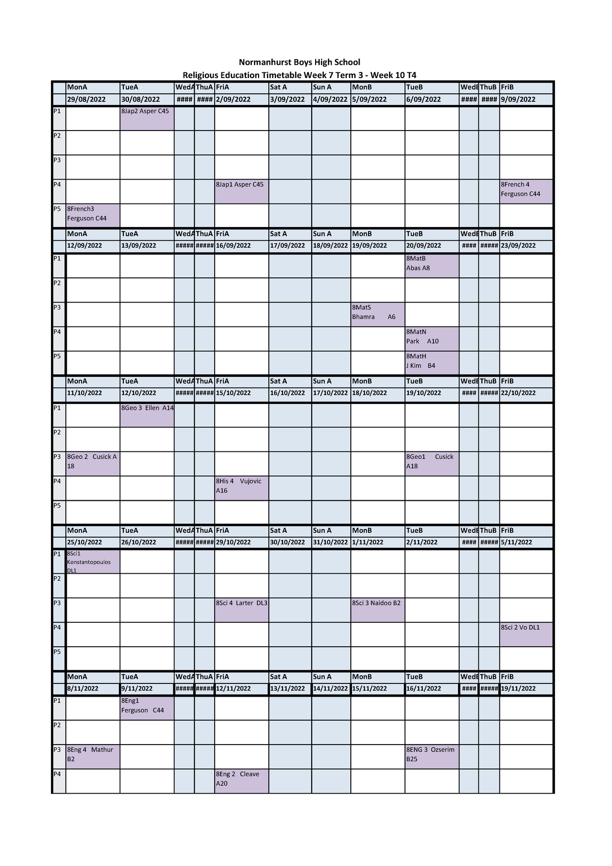 Year 8 RE Timetable Week 7 Term 3 - Normanhurst Boys High School - Studocu