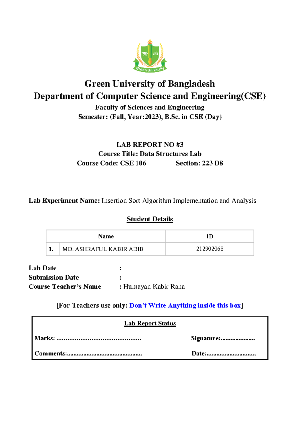 Lab Report 03 - CSE 106: Analysis of Insertion Sort Algorithm - Studocu