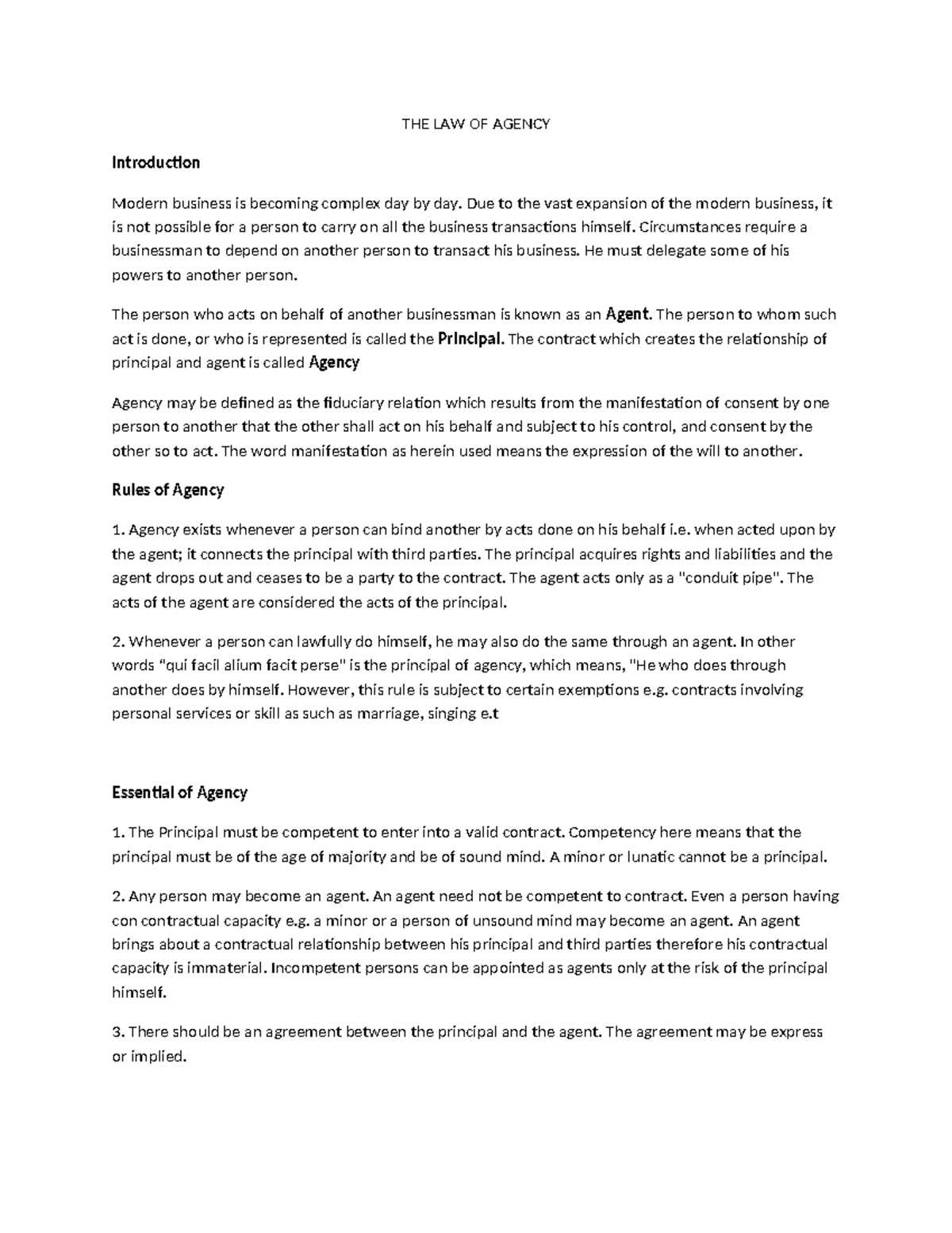 THE LAW OF AGENCY: Key Concepts and Principles (Course Code: LAW101 ...
