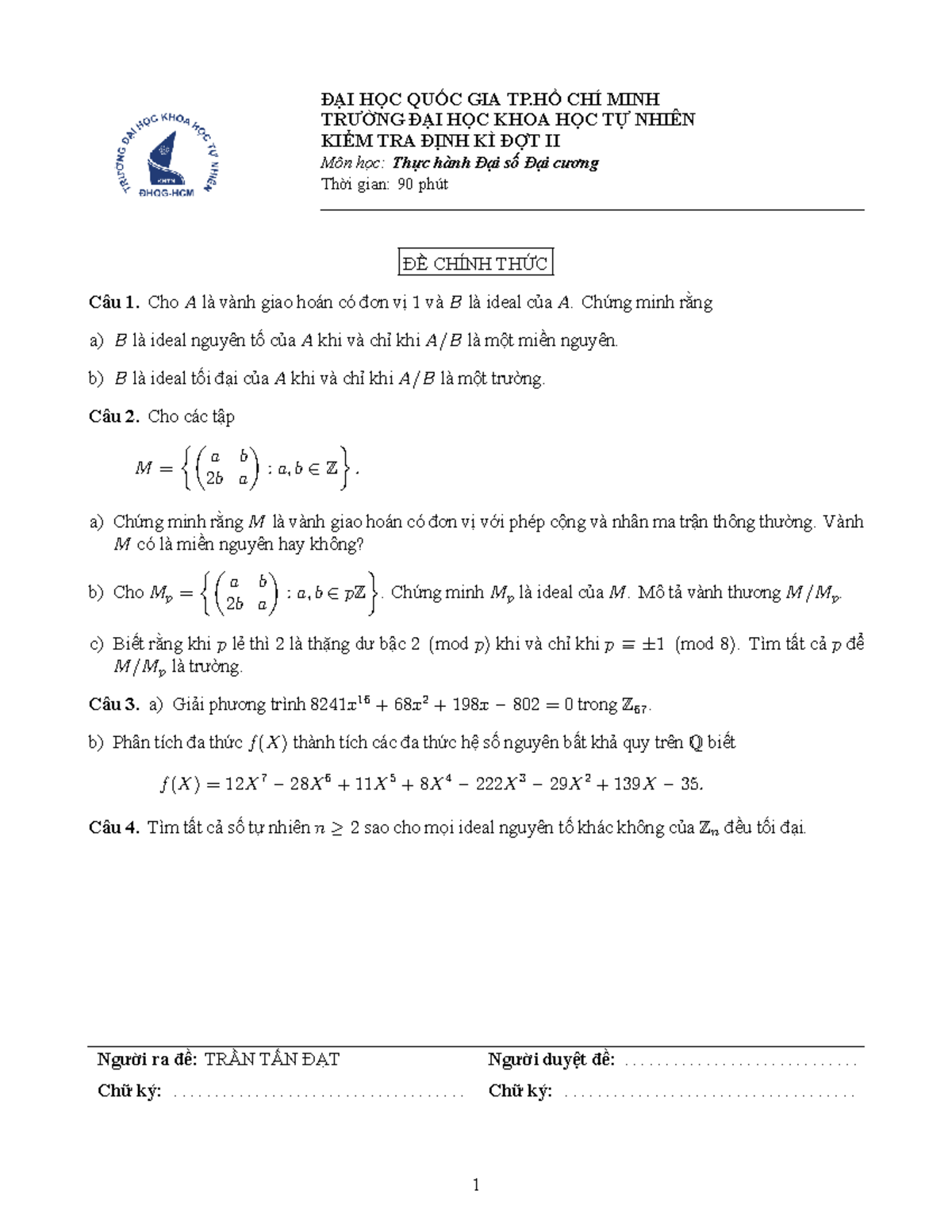 Kiểm Tra Định Kỳ Đợt II - Thực Hành Đại Số Đại Cương (Môn: DSDC) - Studocu