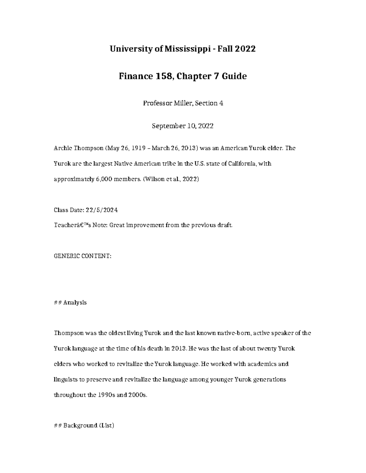 Finance 158 Chapter 7 Guide - University of Mississippi - Fall 2022 ...