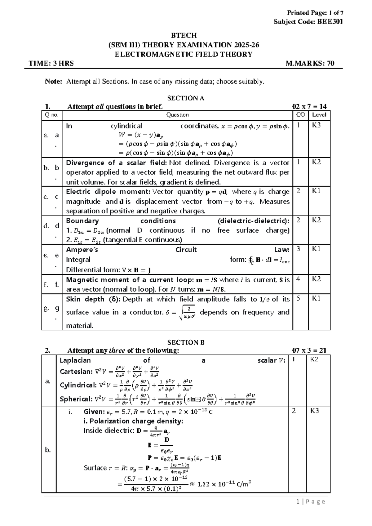 BEE301 BTECH Electromagnetic Field Theory Final Exam Solutions 2025-26 ...