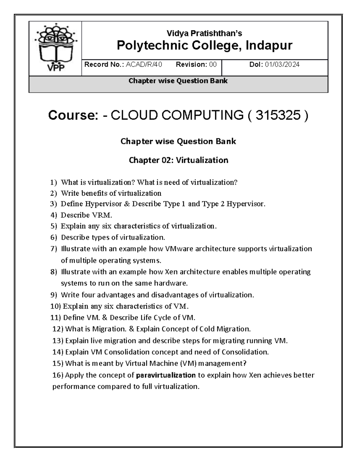 CLOUD COMPUTING (315325) Chapter 02: Virtualization Question Bank - Studocu