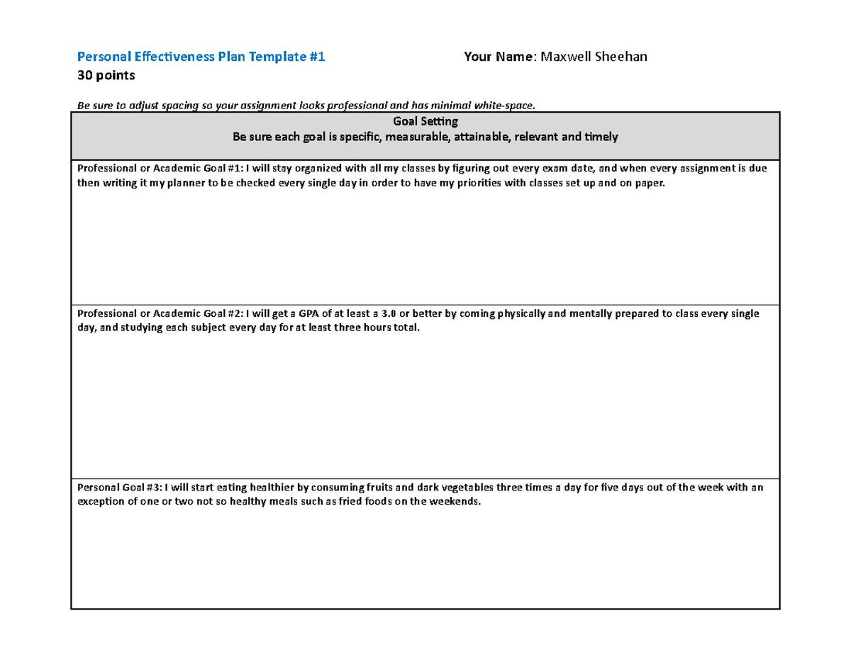 PEP Goals #1 - Grade: a - Personal Effectiveness Plan Template 30 ...