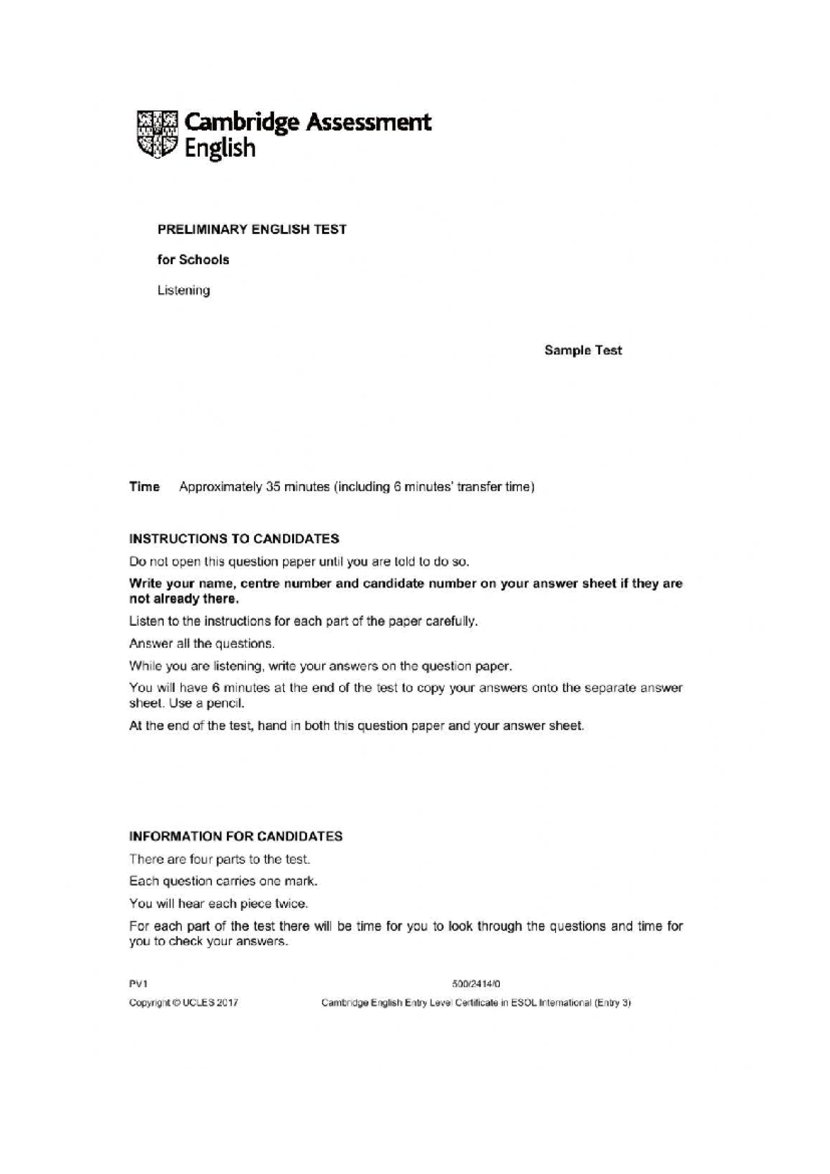 Examen Listening B1: Cambridge English Preliminary Test Sample - Studocu