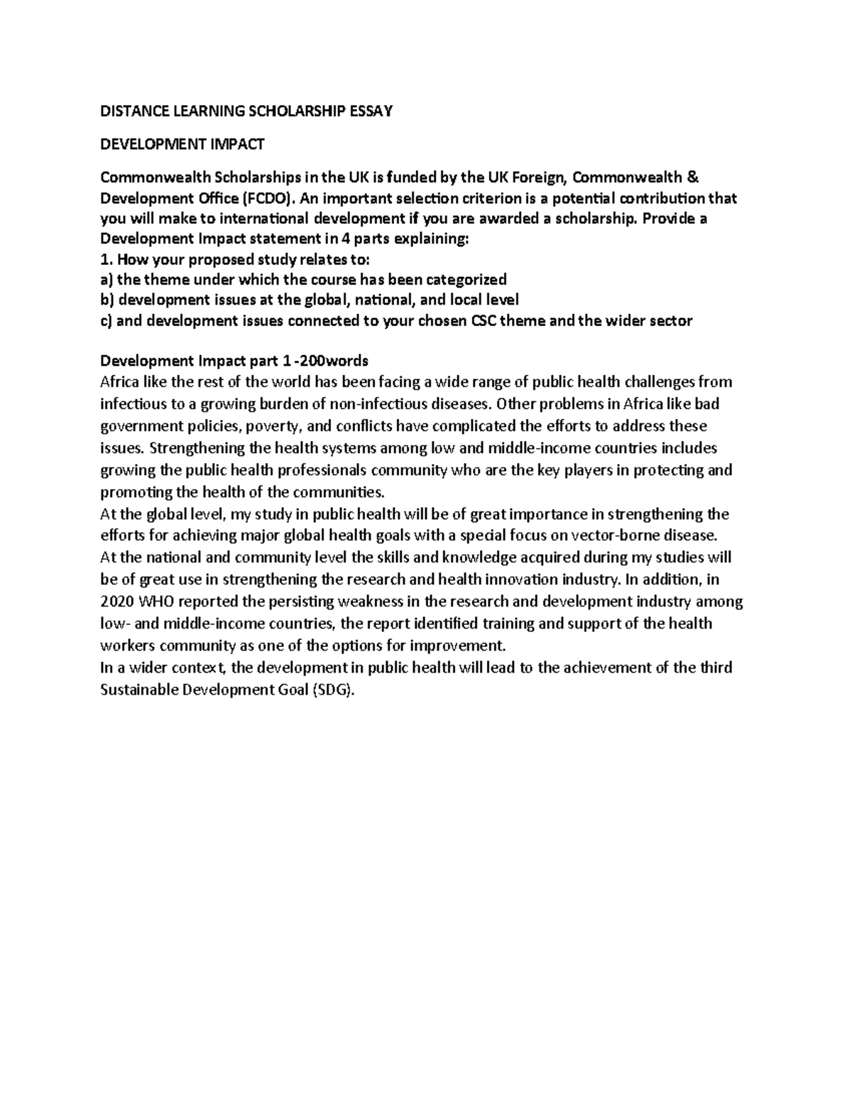 CSC Essay: Addressing Development Impact and Climate Resilience - Studocu