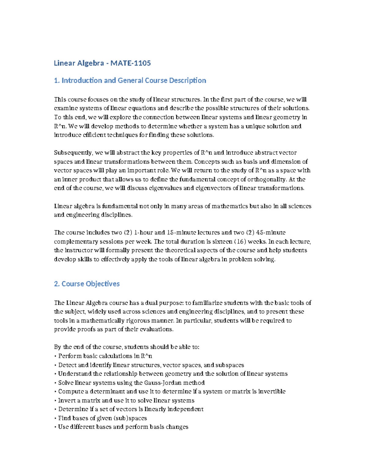 20250807 Linear Algebra Syllabus MATE1 105: Course Overview ...