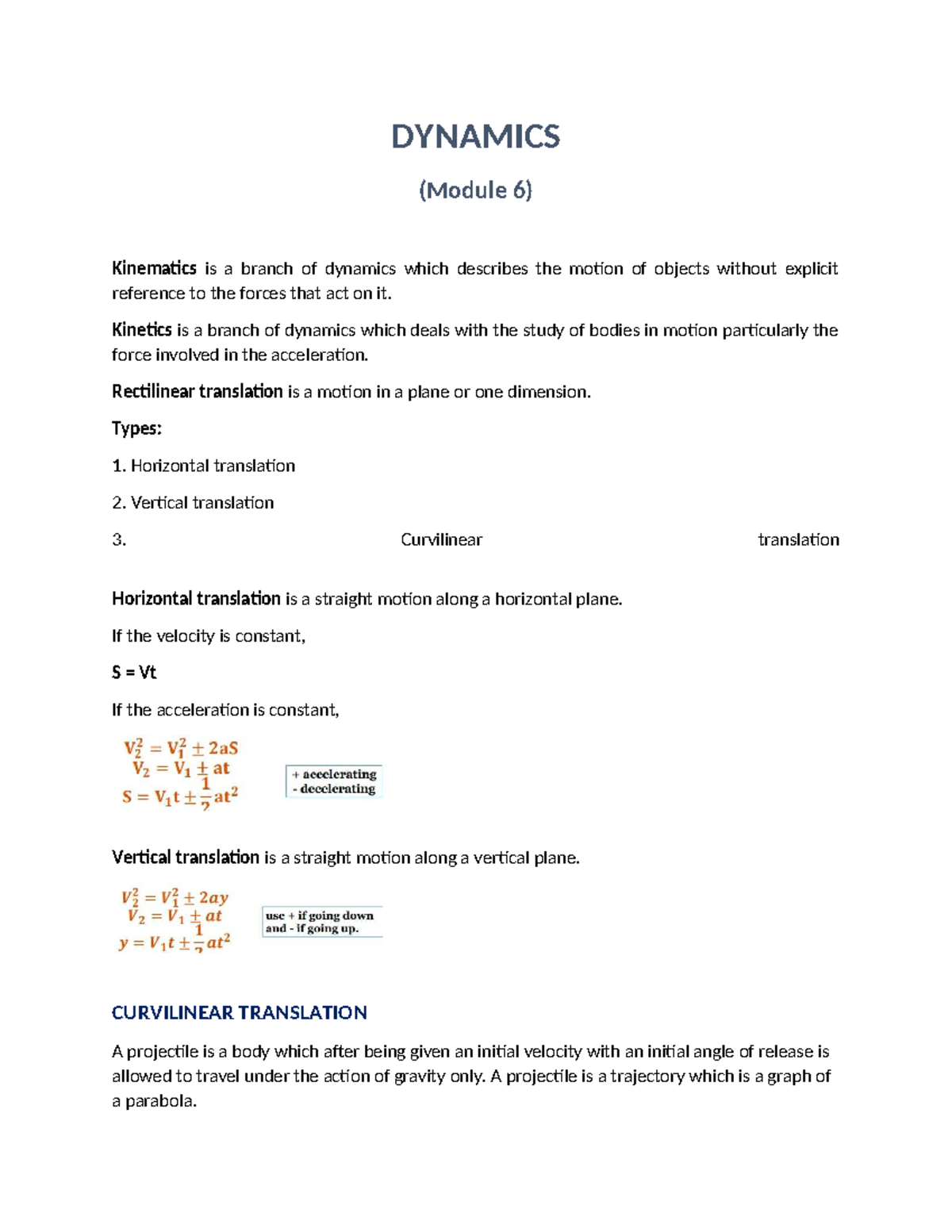 Dynamics (Module 6) kinematics and kinetics formulas overview - Studocu