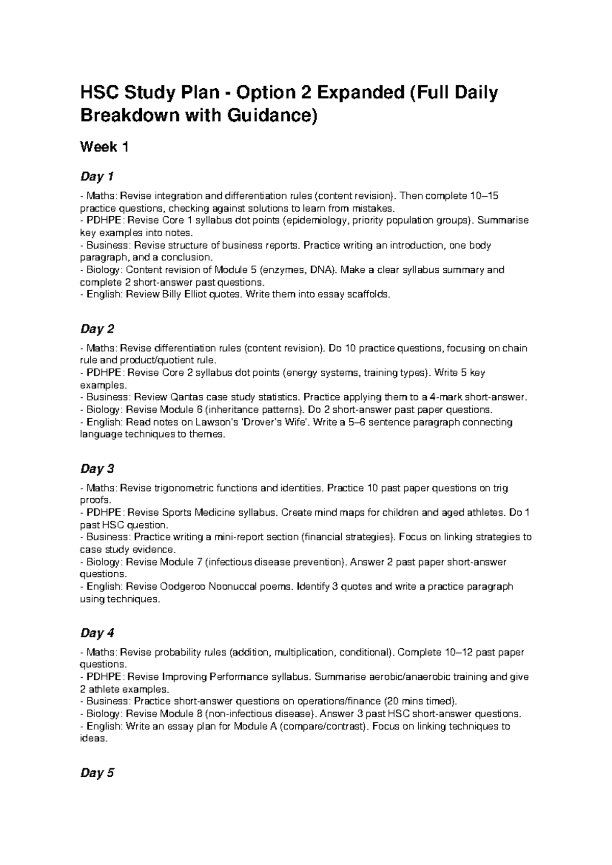 HSC Study Plan Option 2: Daily Breakdown for Effective Revision - Studocu