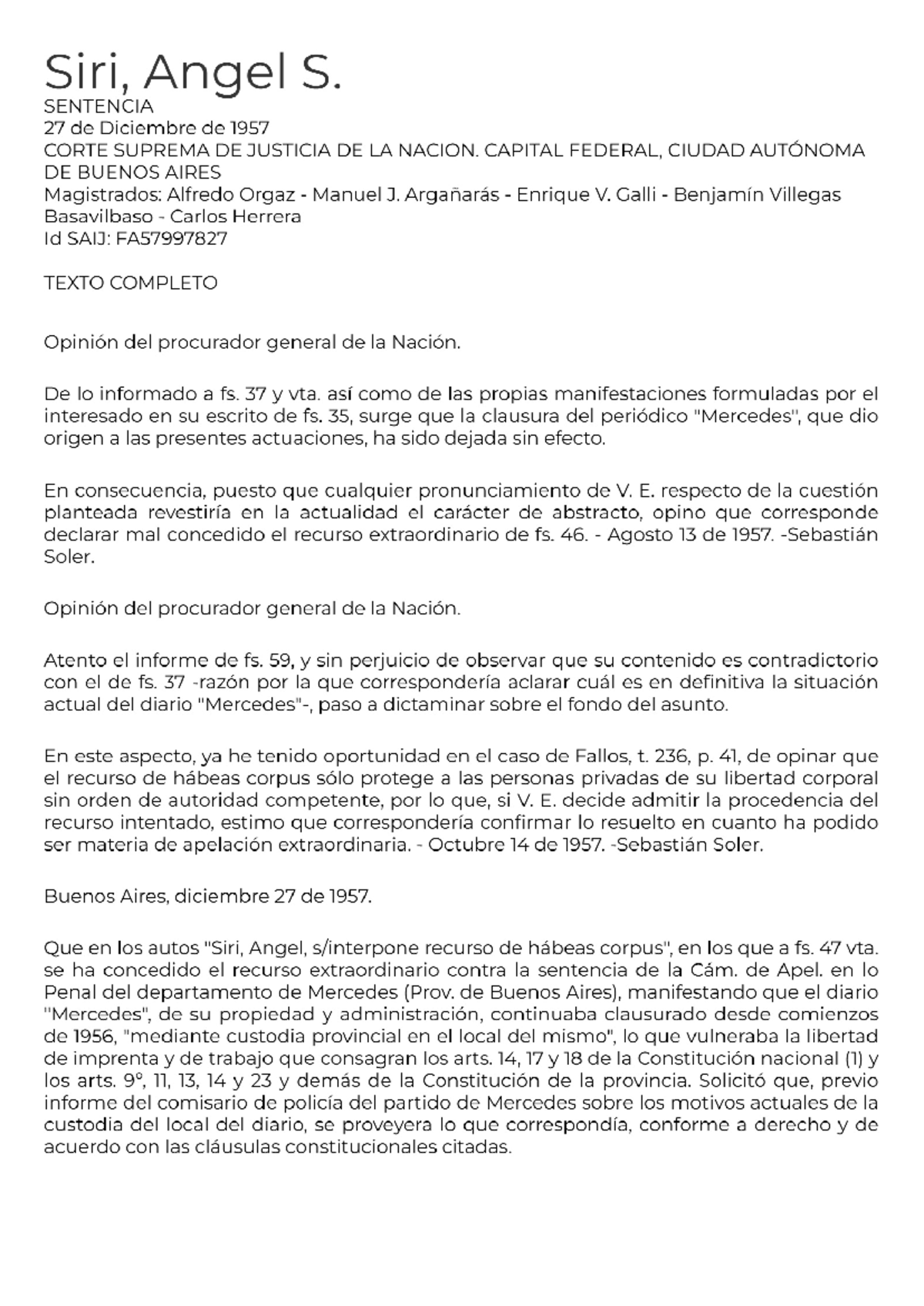 Siri, Angel S. - Resumen del Fallo de la Corte Suprema (27/12/1957 ...