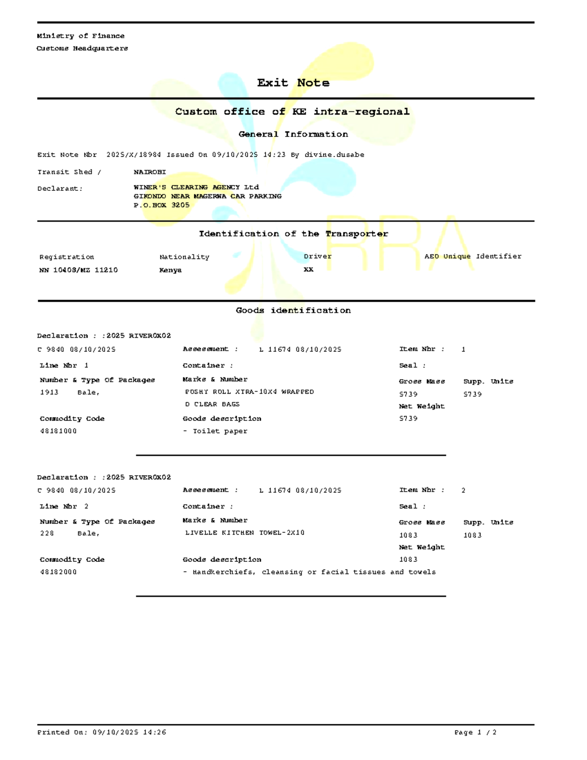 Customs Exit Note for KE - Ministry of Finance Details - Studocu