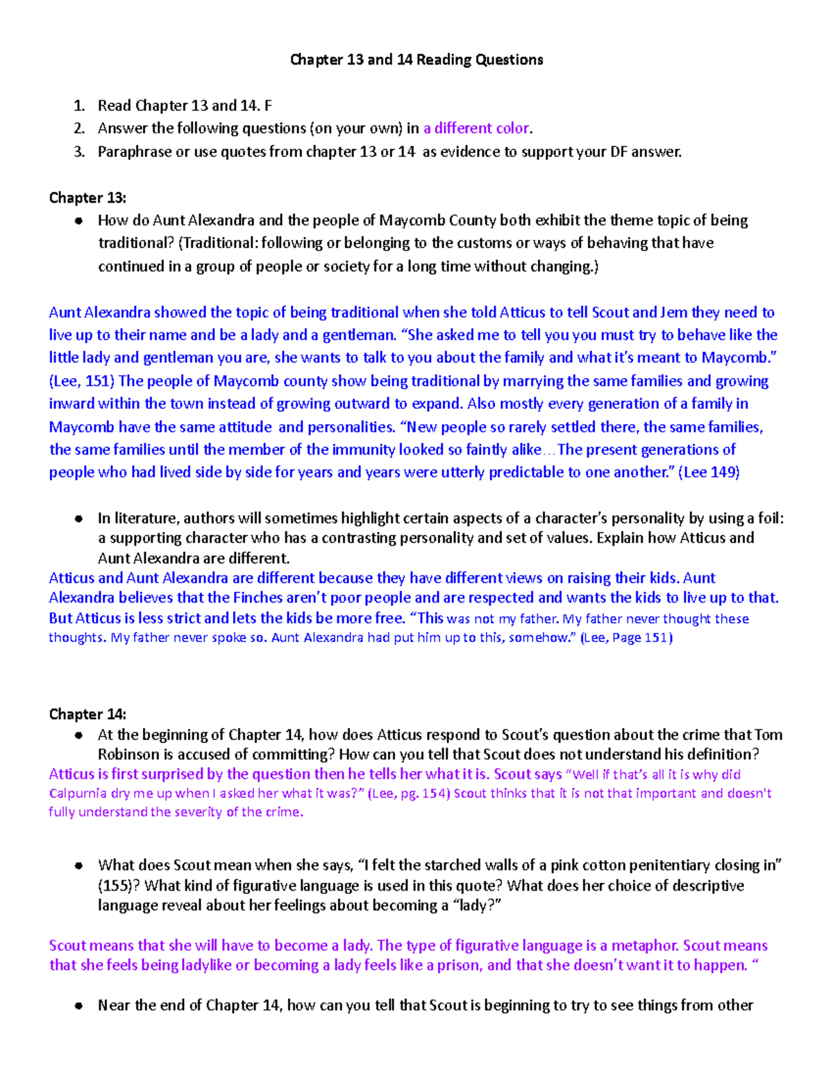 TKAM Chapters 13 & 14: Reading Questions and Analysis - Studocu