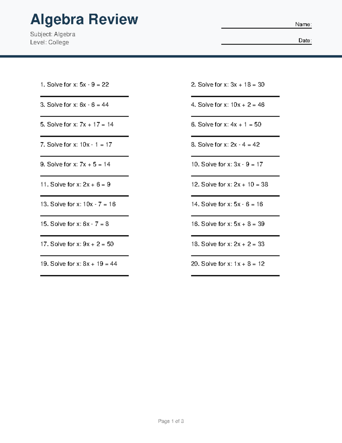Algebra Review (College) - Problem Set & Answer Key - Studocu
