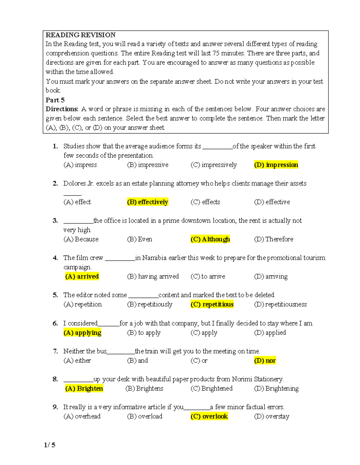 REVIEW OF READING TEST STRATEGIES FOR ENGLISH 1 - Studocu