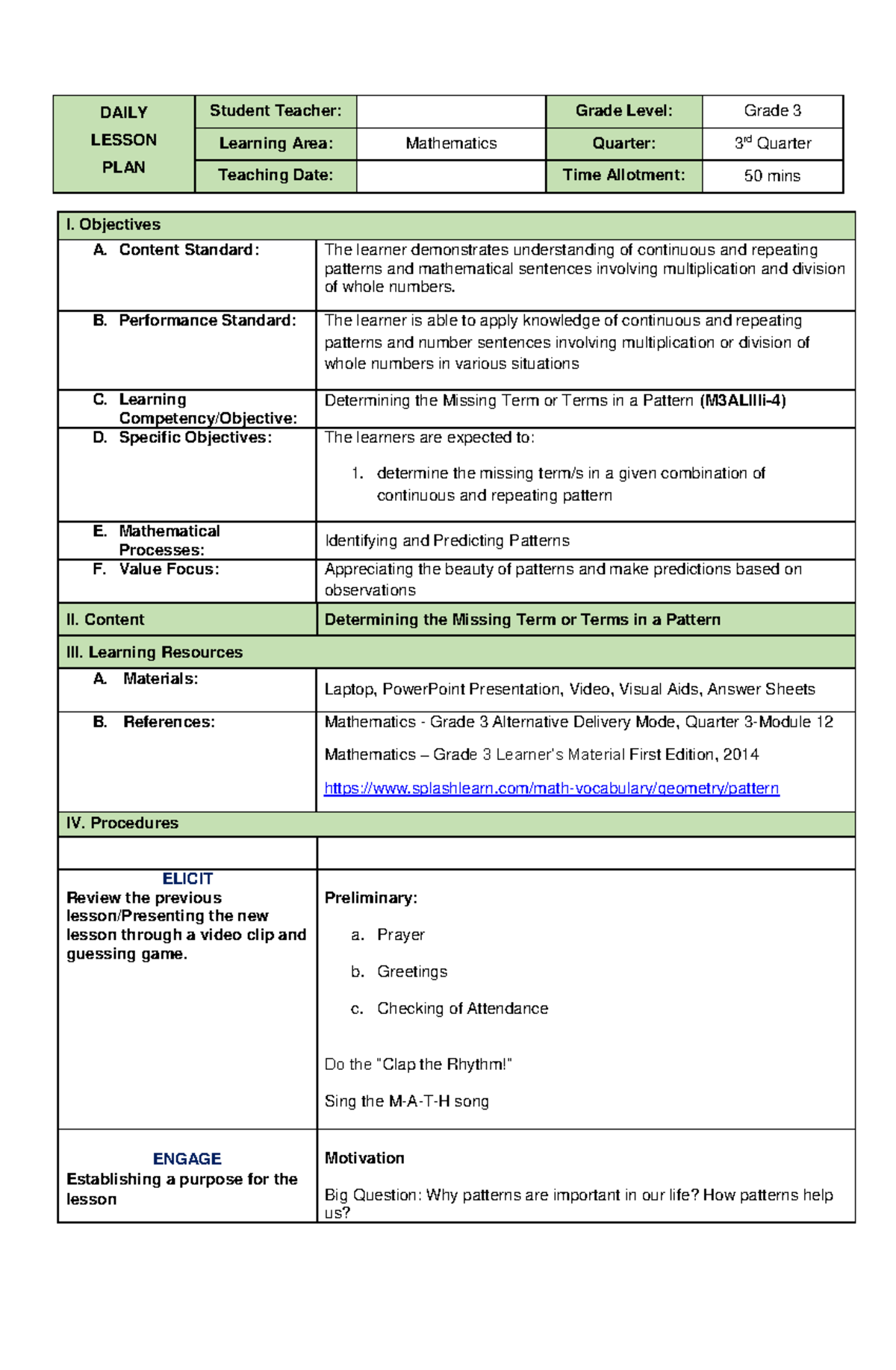 Math Lesson Plan Q3 Wk 8: Understanding Patterns and Sequences - Studocu