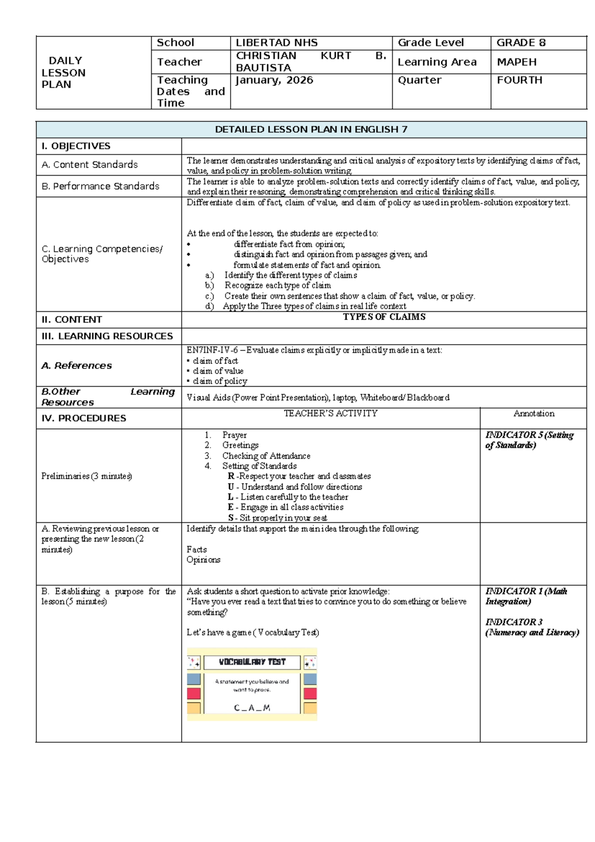 Kurt's Final Demo Lesson Plan: Claims in Expository Texts (Grade 8 ...