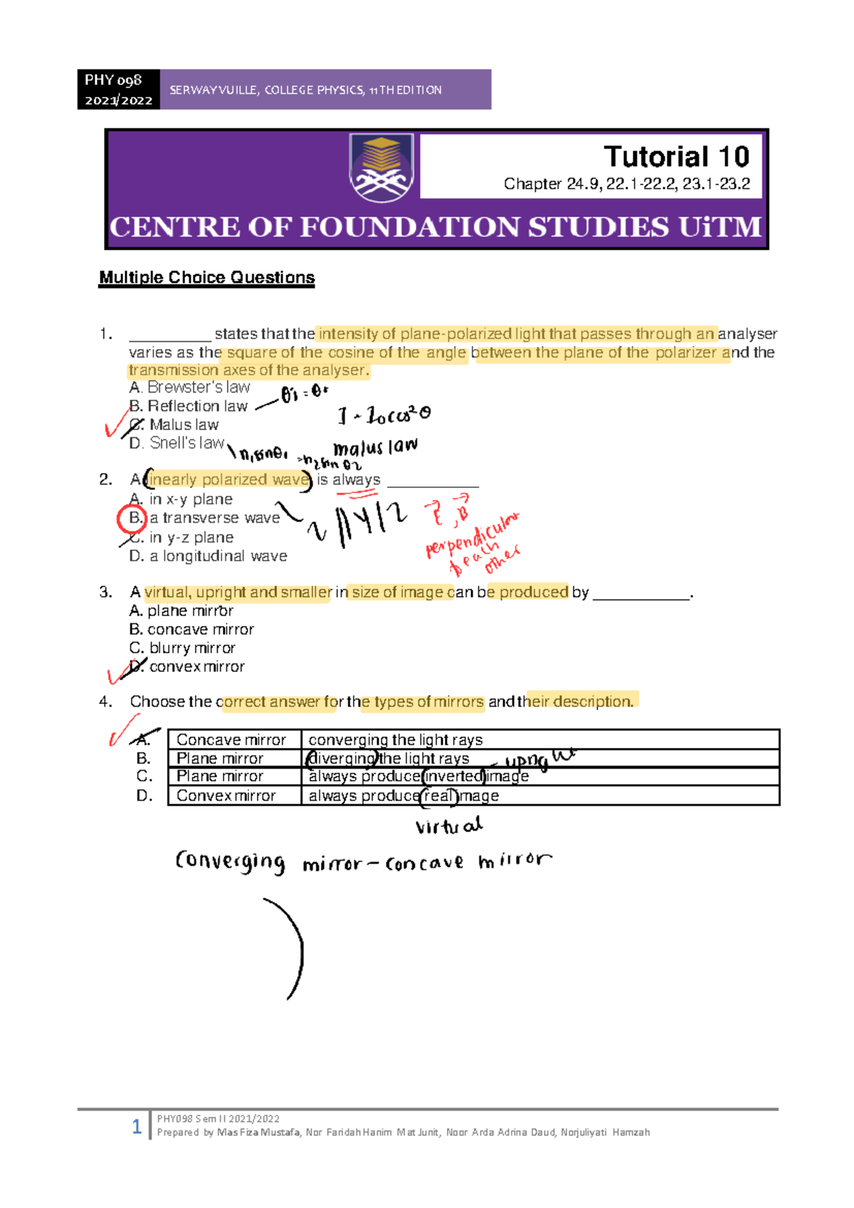 Tutorial 10 - PHY 098: Multiple & Structured Questions Revision Guide ...