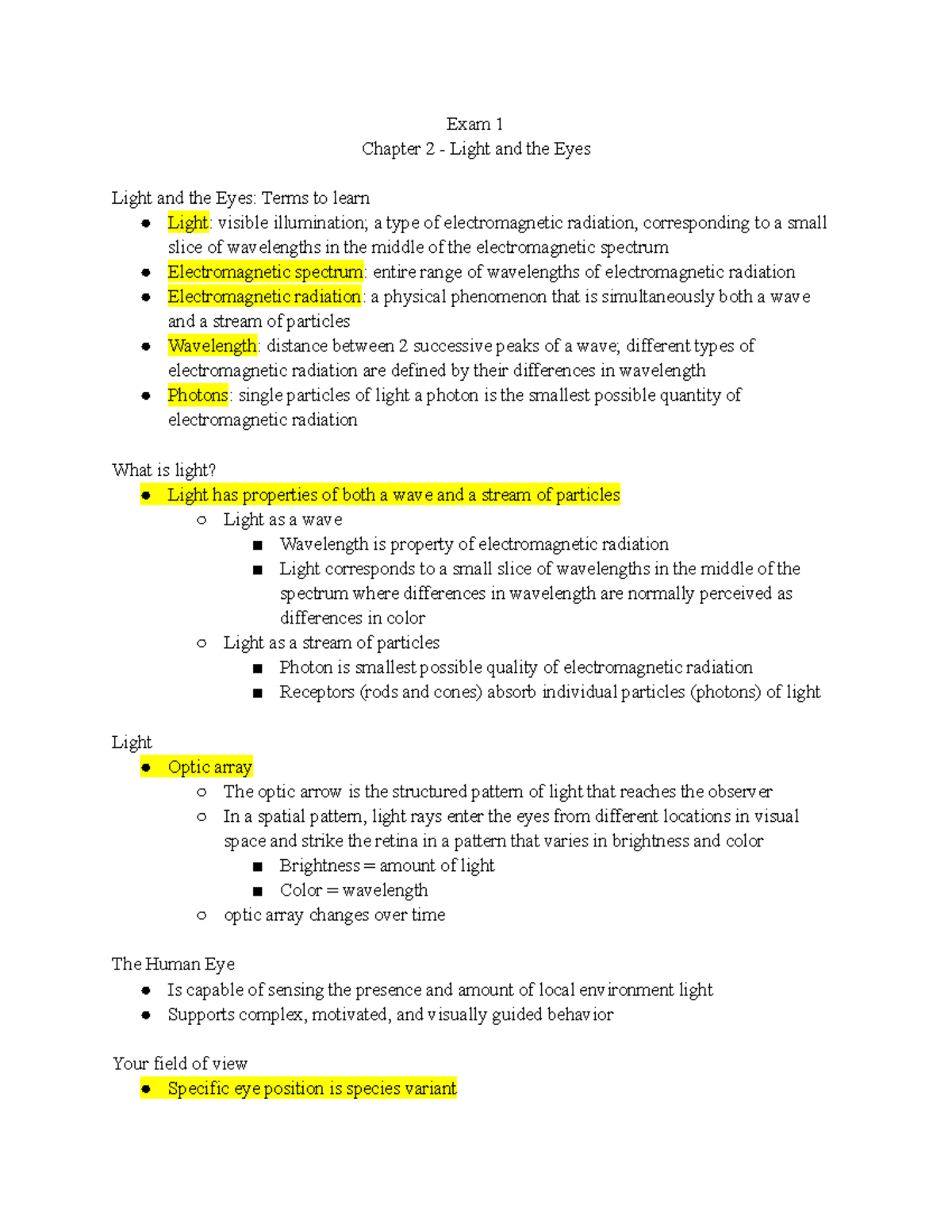 Exam 1 Lectures - Exam 1 Chapter 2 - Light and the Eyes Light and the ...