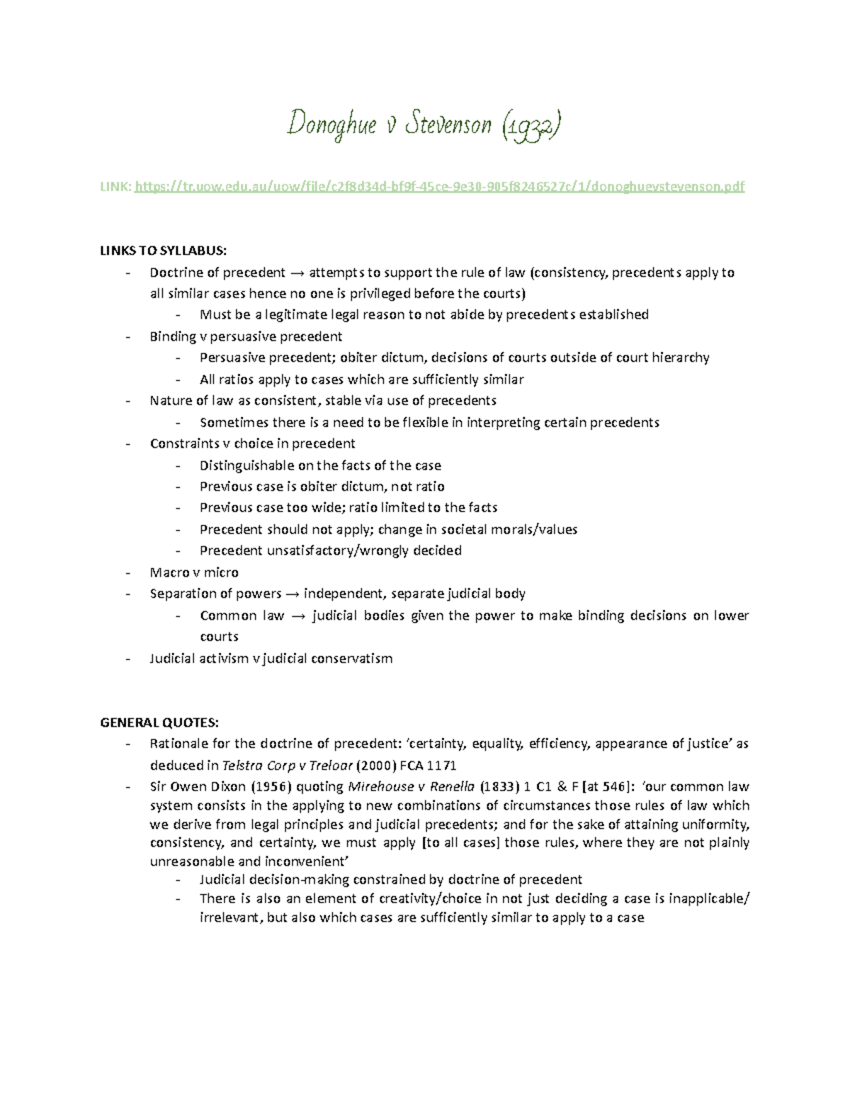 LLB1110 Case Summary: Insights on Donoghue v Stevenson (1932) - Studocu