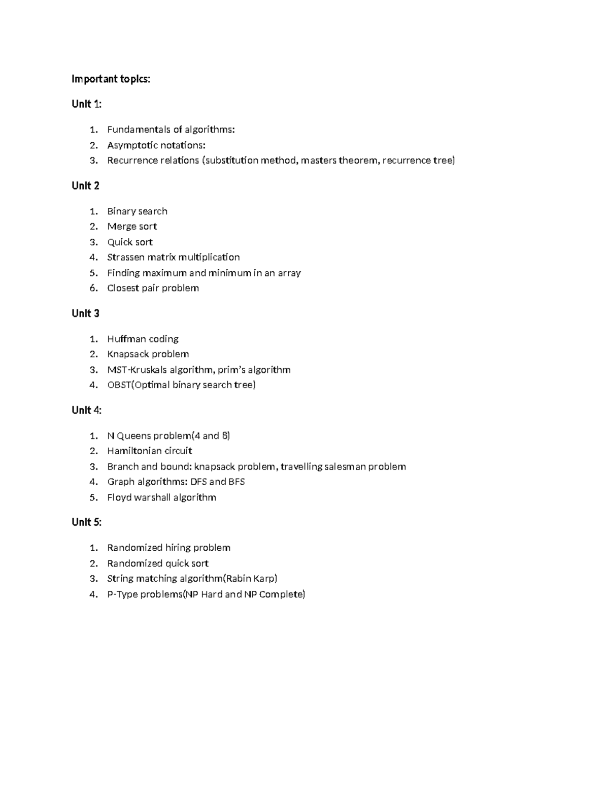 DAA Important Topics Overview for Exam Preparation - Studocu