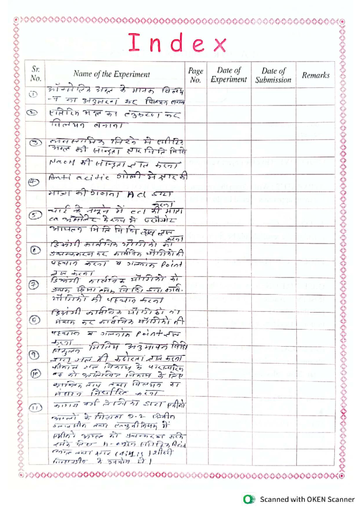 Chemistry BSC 2nd Yr - Experiment Index and Submission Details - Studocu
