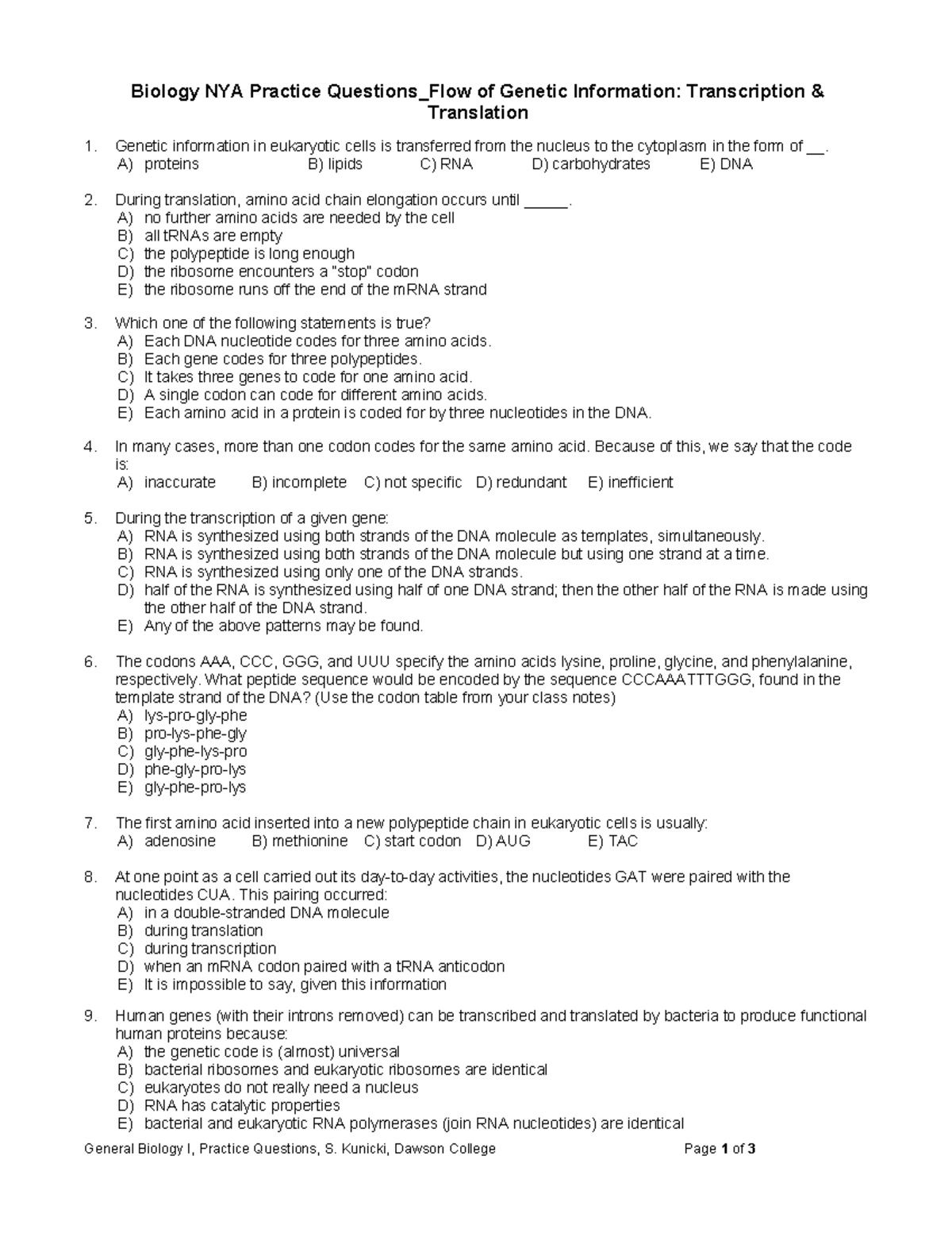 NYA Practice Questions Macromoecules Focus on Gene Expression - Biology ...