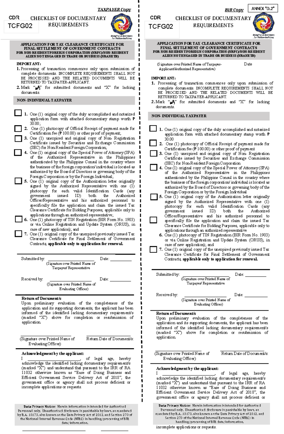 TAXPAYER TCFG02 CDR CHECKLIST FOR TAX CLEARANCE CERTIFICATE - Studocu