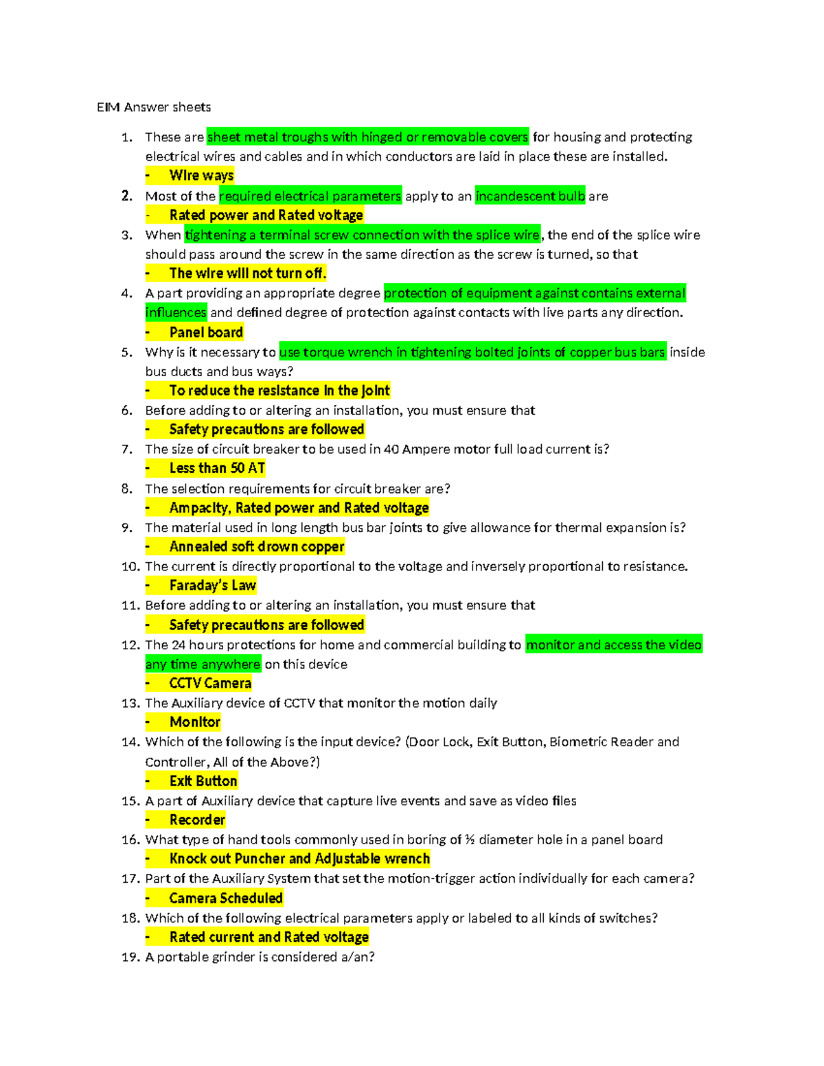 EIM Answer Sheets: Key Concepts and Electrical Parameters Explained ...