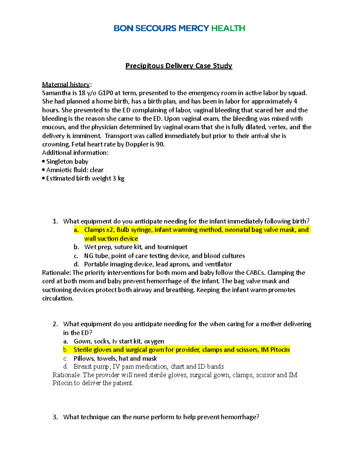 Precipitous Delivery Case Study - Precipitous Delivery Case Study ...